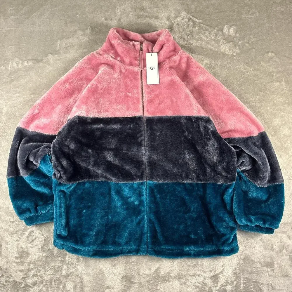 Deadstock NWT Uggs Elaina Colorblock Pink/Blue Faux-fur Jacket Size Medium - Picture 1 of 7